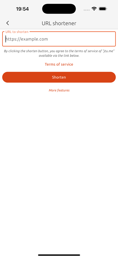 Toolbox (By Koizeay) - Interface of the URL shortener tool in the Toolbox app featuring a link input and shorten button