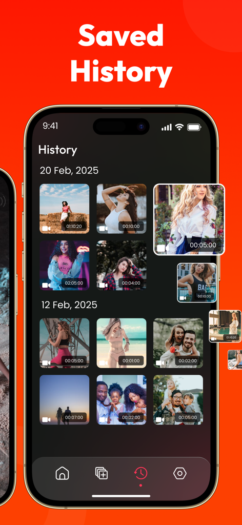 All Video Downloader ~ Player - Écran de smartphone montrant l'onglet historique d'une application de téléchargement de vidéos avec une grille de miniatures de vidéos sauvegardées.