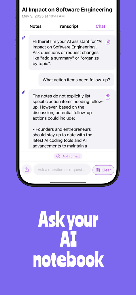 Wisp AI Note Taker - Wisp AI app chat interface showing an AI assistant providing action items and answering questions about meeting notes