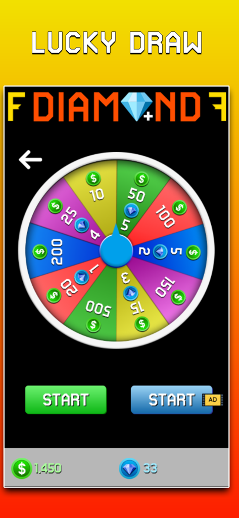 Diamond Convert - Lucky Quiz F - Mobile app interface showing a colorful lucky draw spinning wheel with currency and diamond rewards