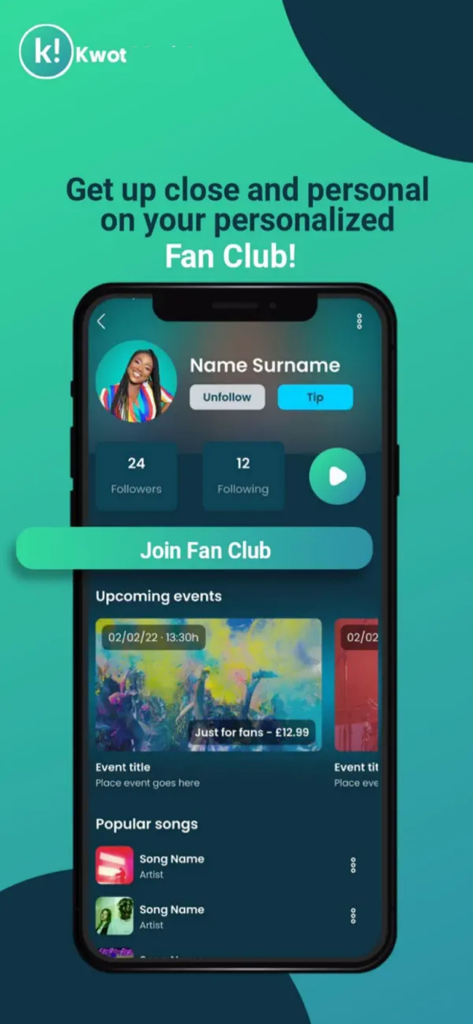 Kwot! - Video, Music & Podcast - Mobile app screen showing an artist profile on Kwot with a Join Fan Club button and upcoming events.