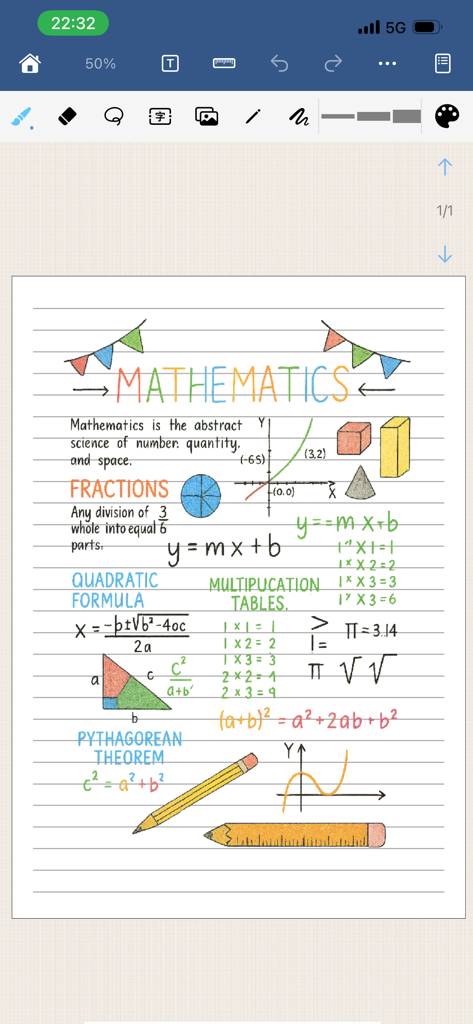 Paintwork - Infinite Notebook - Colorful handwritten mathematics notes with diagrams on a digital lined page in the Paintwork app