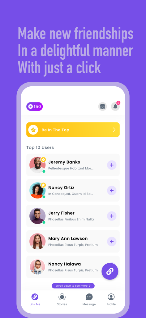 Link-Me - Chat & Messaging - Link-Me app interface displaying a list of top users to connect with