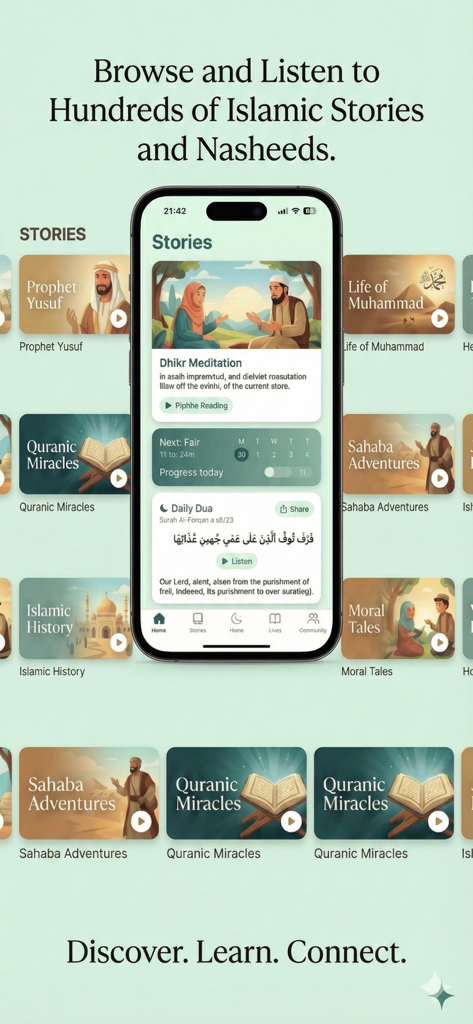 Dua Chat mobile app interface showing various Islamic stories and daily prayer features