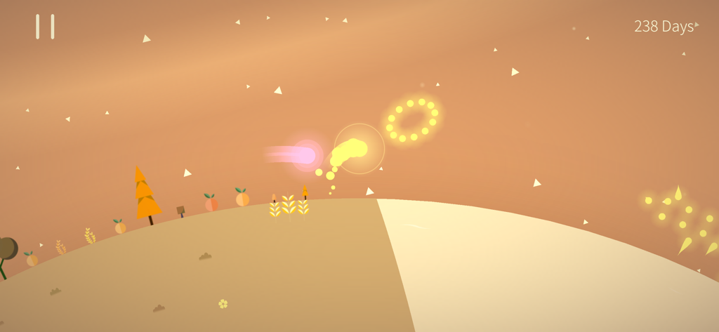 The Kreator - A minimalist orange landscape with glowing light and stylized trees in The Kreator game.