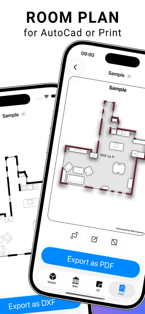 BIM Scanner app displaying a 2D floor plan on an iPhone with options to export for AutoCAD or print