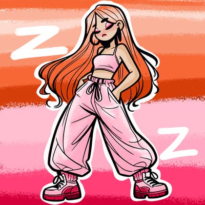 girl in baggy pants crop top and long hair