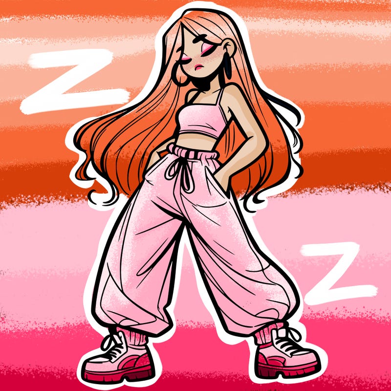 girl in baggy pants crop top and long hair