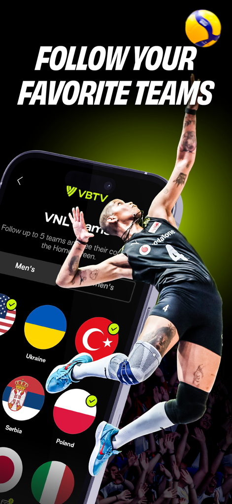 VBTV app screen for selecting and following favorite national volleyball teams