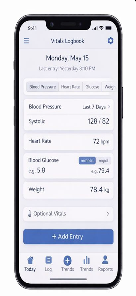 Vitals Logbook -Health Tracker - Captura de pantalla de iPhone que muestra el panel principal de la aplicación Diario de Vitals con entradas de presión arterial, frecuencia cardíaca, glucosa y peso