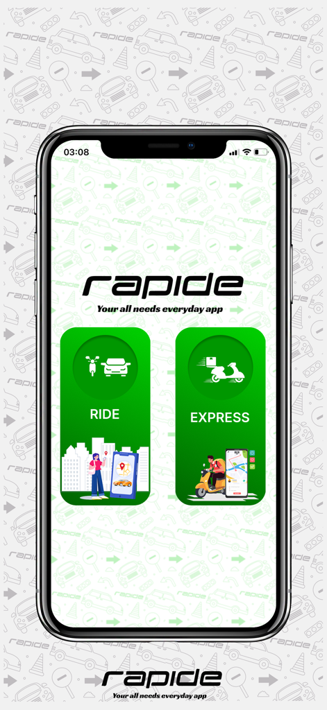 Rapide App - Écran d'accueil de Rapide App présentant des options de covoiturage et de livraison express.