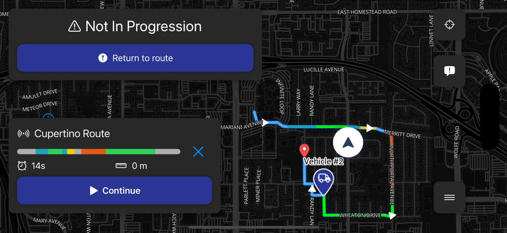 Rasters Navigation - Rasters Navigation app interface showing a public works vehicle following a digital route on a map