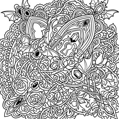 Explore the dark elegance of this macro gothic coloring page, packed with intricate Victorian details. Lose yourself in a world of ornate designs, mysterious keys, and delicate roses, perfect for a captivating coloring experience.