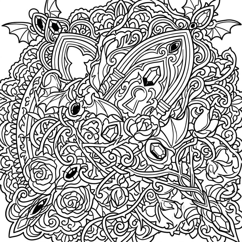 Explore the dark elegance of this macro gothic coloring page, packed with intricate Victorian details. Lose yourself in a world of ornate designs, mysterious keys, and delicate roses, perfect for a captivating coloring experience.