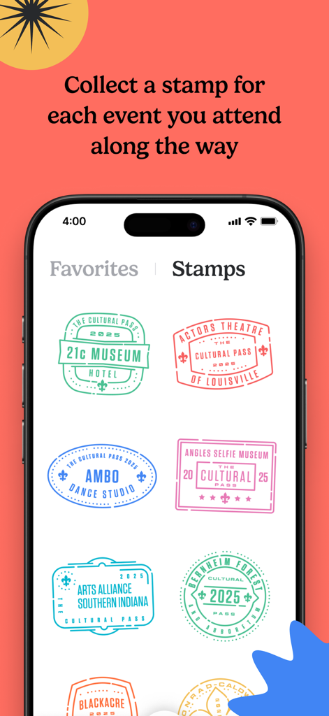 A mobile screen showing a collection of colorful digital stamps from various local cultural venues in the Cultural Pass app.