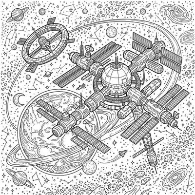 Embark on an epic cosmic adventure with this highly detailed coloring page featuring majestic orbital space stations. Lose yourself in the vastness of space as you bring these futuristic habitats to life with your favorite colors.