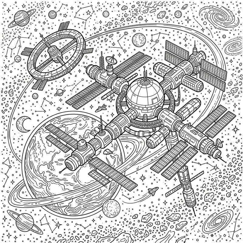 Embark on an epic cosmic adventure with this highly detailed coloring page featuring majestic orbital space stations. Lose yourself in the vastness of space as you bring these futuristic habitats to life with your favorite colors.