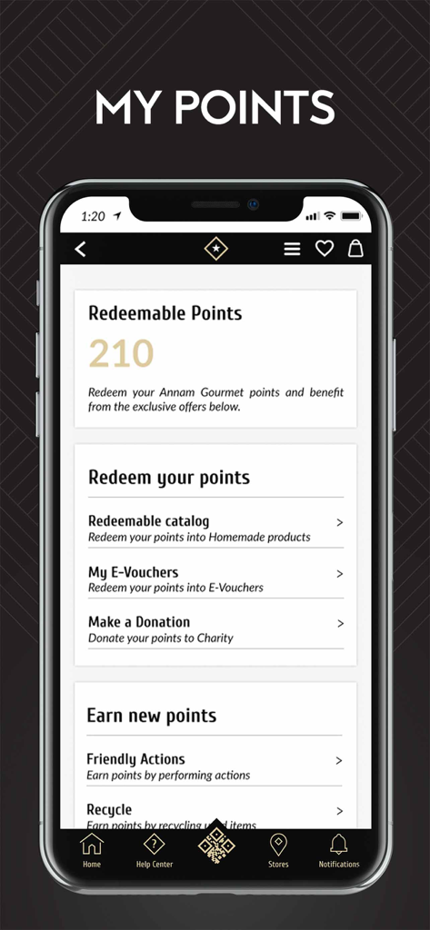 Annam Gourmet - Annam Gourmet app loyalty points screen showing points balance and options to redeem rewards or donate to charity