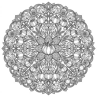 Embrace the spirit of autumn with this beautiful Pumpkin Patch Mandala coloring page. Discover a symmetrical design filled with delightful harvest elements, perfect for a relaxing creative session.