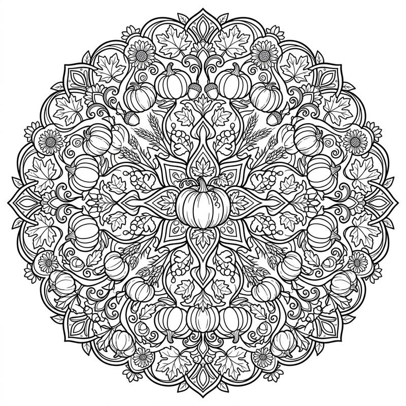 Embrace the spirit of autumn with this beautiful Pumpkin Patch Mandala coloring page. Discover a symmetrical design filled with delightful harvest elements, perfect for a relaxing creative session.