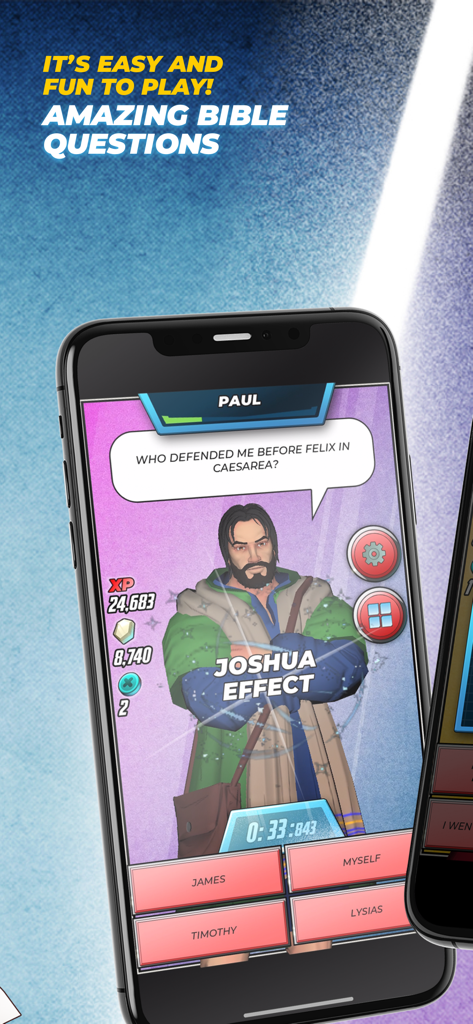 A smartphone screen showing a Bible trivia question about Apostle Paul with multiple choice answers in the Heroes game.