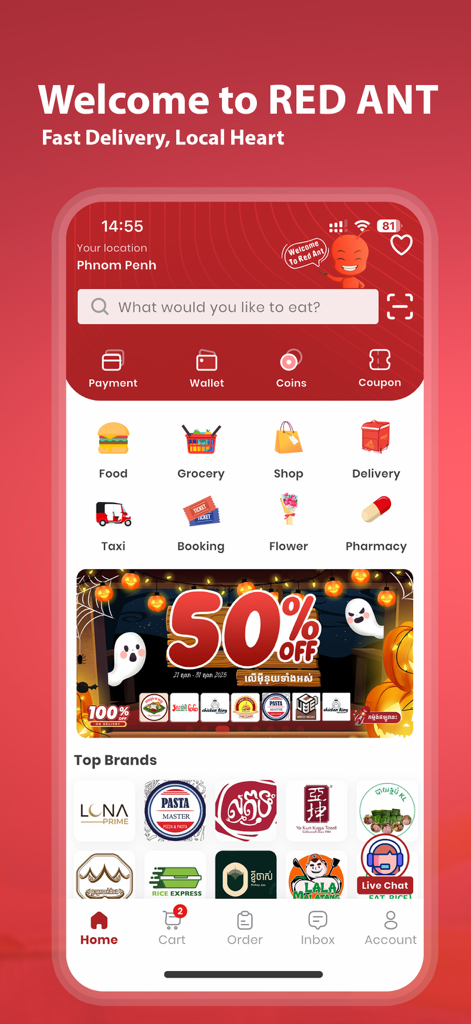 Red Ant Express - Red Ant Express mobile app home screen showing services for food delivery, grocery, and taxi in Cambodia