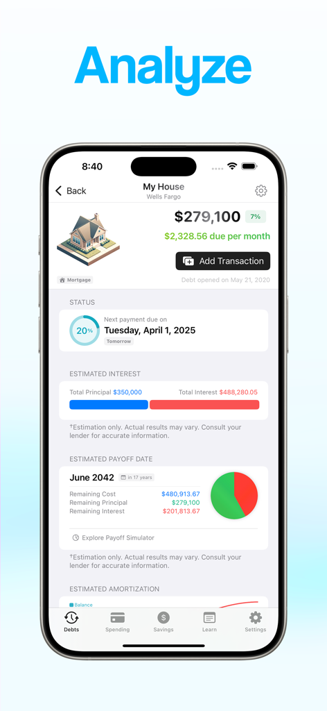 Pantalla de la aplicación DownPay que muestra el análisis de la deuda hipotecaria con el saldo y la fecha de pago.