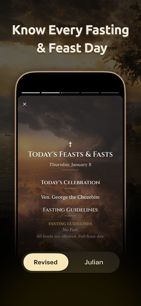 Athon: Orthodox Bible - Athon app interface showing daily Orthodox fasting guidelines and feast day celebrations