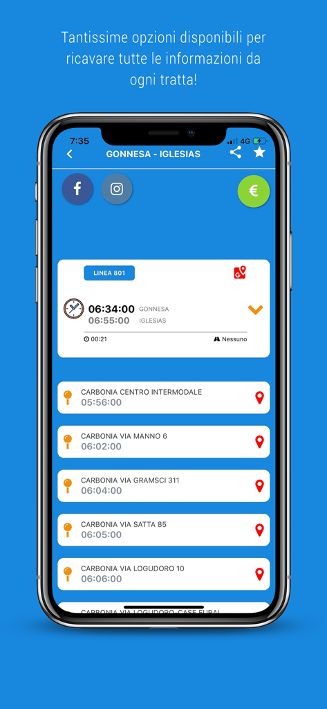 Arst Finder - Premium - Smartphone showing a detailed bus route from Gonnesa to Iglesias with a list of stops and departure times in Sardinia