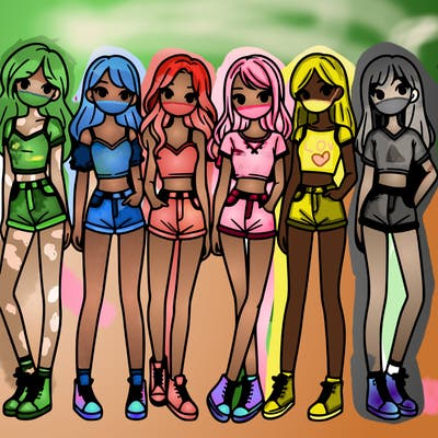 a group of girls wearing crop tops and shorts