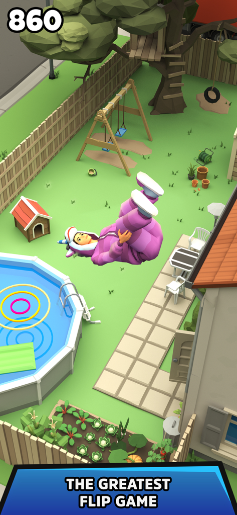 A character in a pink onesie performing a flip over a backyard swimming pool in the Street Diver mobile game.