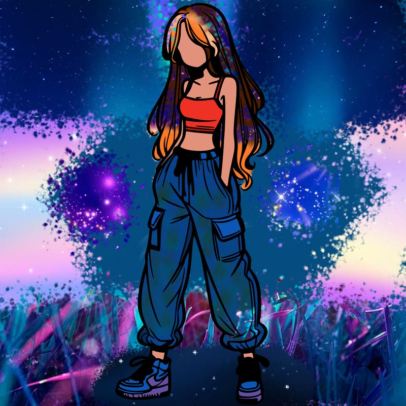 girl in baggy pants crop top and long hair