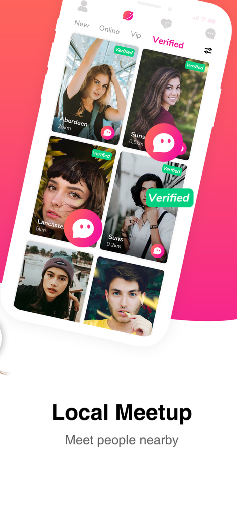 Un'interfaccia di app mobile per Newe che mostra una griglia di profili utente verificati per incontri e appuntamenti LGBTQ+ locali.