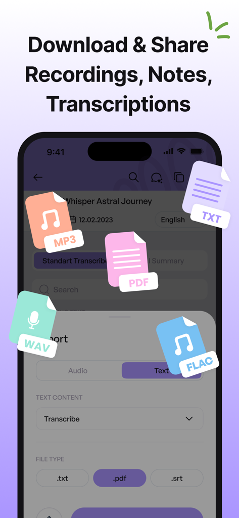 iMemo AI Note Taking & Summary - iMemo app interface showing options to download and share notes in different file formats like MP3 PDF and TXT.