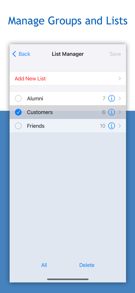 Group RCS SMS and Email - Mobile App-Oberfläche, die einen Listenmanager zur Organisation von Kontakten in Gruppen wie Alumni und Kunden anzeigt