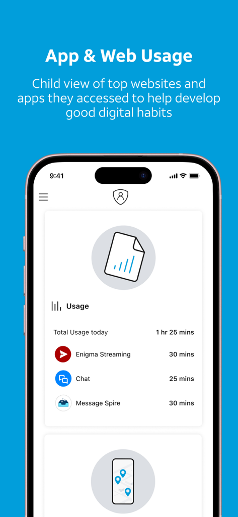 A mobile screen from the AT&T Secure Family Companion app displaying a child's daily app and web usage statistics