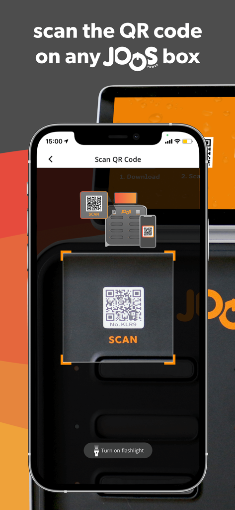 Joos - A smartphone using the Joos app to scan a QR code on a power bank station.