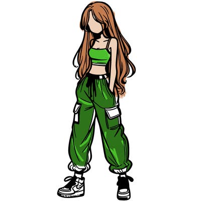 girl in baggy pants crop top and long hair