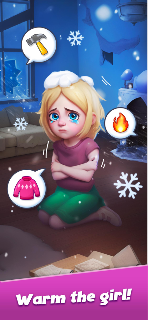 A shivering girl crying in a cold room with bubbles showing items like a hammer fire and sweater to help her