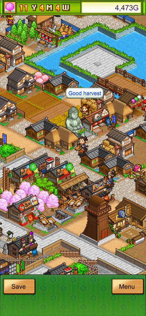 Oh! Edo Towns - Gameplay screenshot of Oh Edo Towns showing a pixel art Japanese village with a large Buddha statue