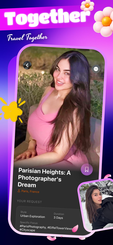 Flixi Share & Moments - Interface de l'application mobile Flixi affichant un itinéraire personnalisé de trois jours d'exploration urbaine pour Paris