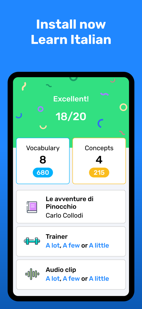 Wlingua - Learn Italian - Interface of Wlingua Italian app showing lesson results vocabulary and reading activities