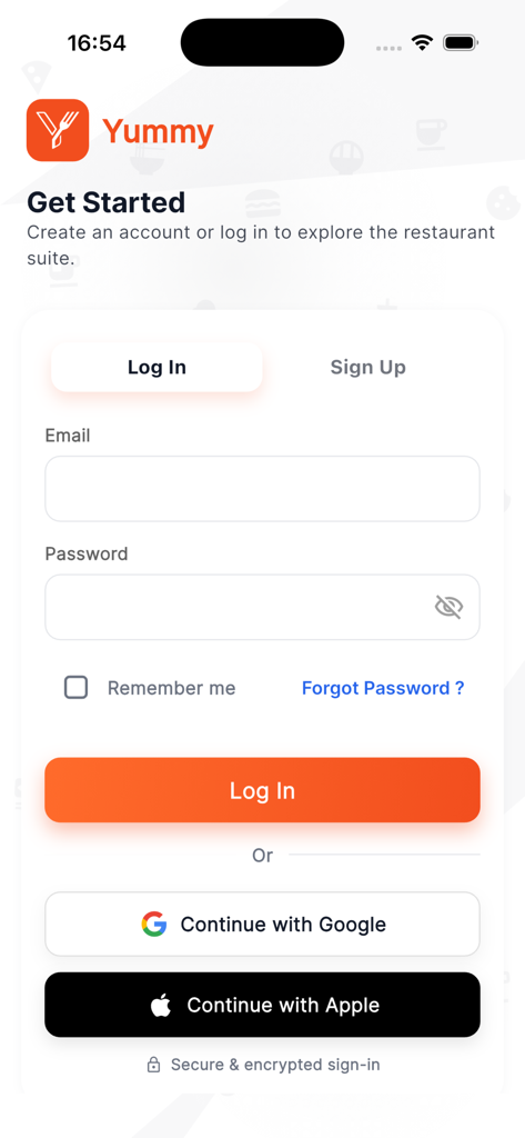 Página de inicio de sesión de la aplicación de gestión de restaurantes Yummy POS con inicio de sesión por correo electrónico y botones de inicio de sesión social para Google y Apple.