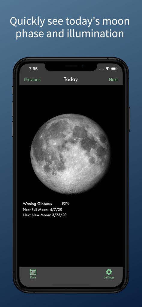 SimpleMoonアプリのインターフェース。月の満ち欠けとその明るさのパーセンテージを表示しています。