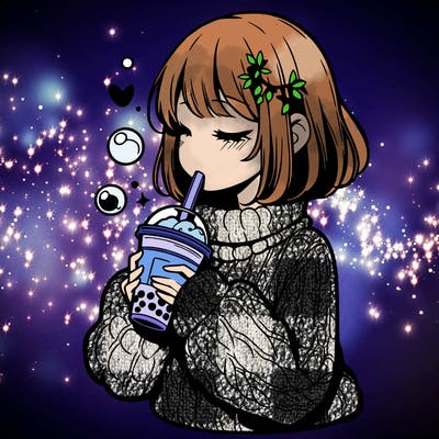 manga girl drinking boba in cozy sweater