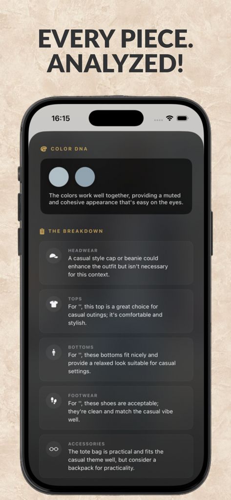 The Stylist - AI Outfit Critic - Captura de pantalla de la aplicación The Stylist que muestra un análisis detallado de IA de un atuendo, incluido el ADN del color y comentarios específicos sobre las prendas.