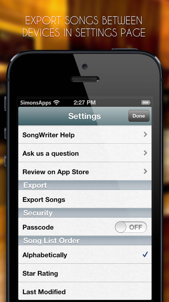 Song-Writer: Write Note Lyrics - Song-Writer app settings screen featuring song export options, passcode security, and song list sorting preferences.
