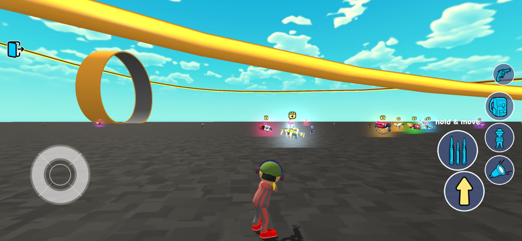 A character in an open physics sandbox world with floating weapons and building tools in Grand City Auto Sandbox