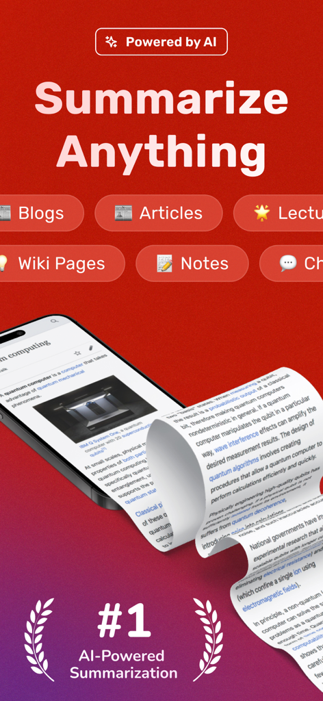 Summarizer - AI Text Summary - AIテキスト要約アプリのインターフェース。さまざまなドキュメントカテゴリと、ウェブページを要約する携帯電話が表示されています