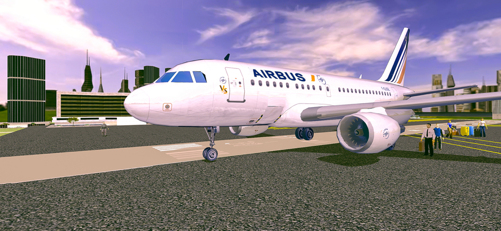 A white commercial airplane parked on the runway at an airport in a 3D flight simulator game